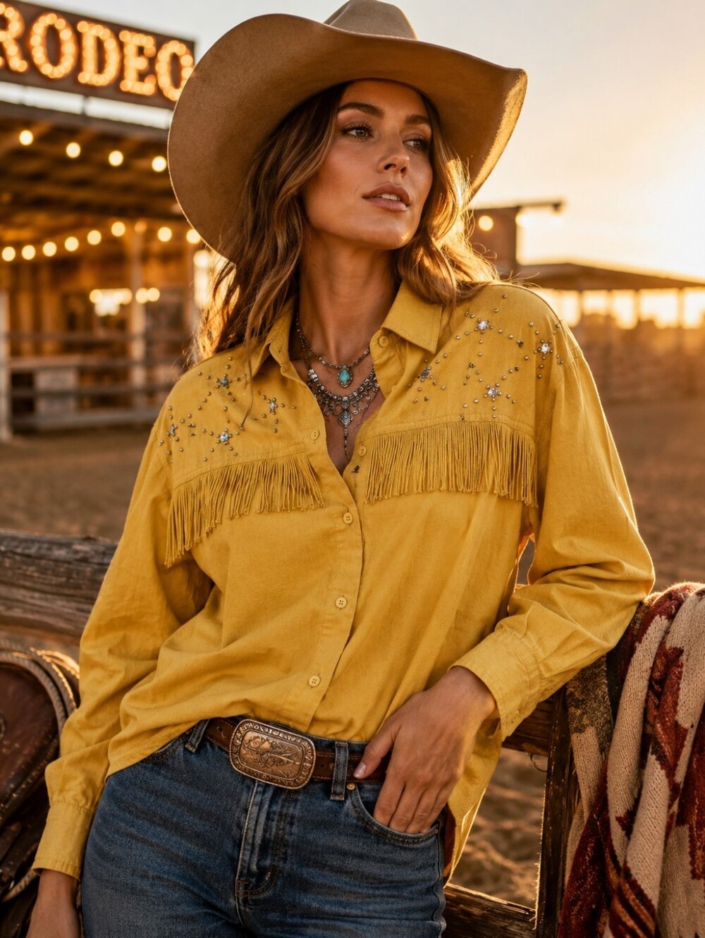 Short Circuit Mustard Fringe Rhinestone Western Shirt Boho Rodeo Glam S